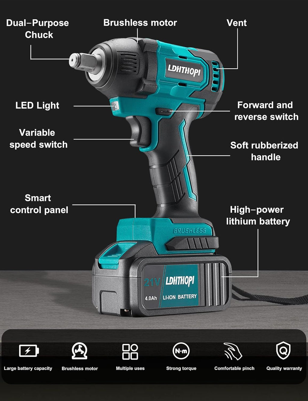 Cordless Impact Wrench 1/2 Inch 21V 370 Ft-lbs with 2 Batteries V94856