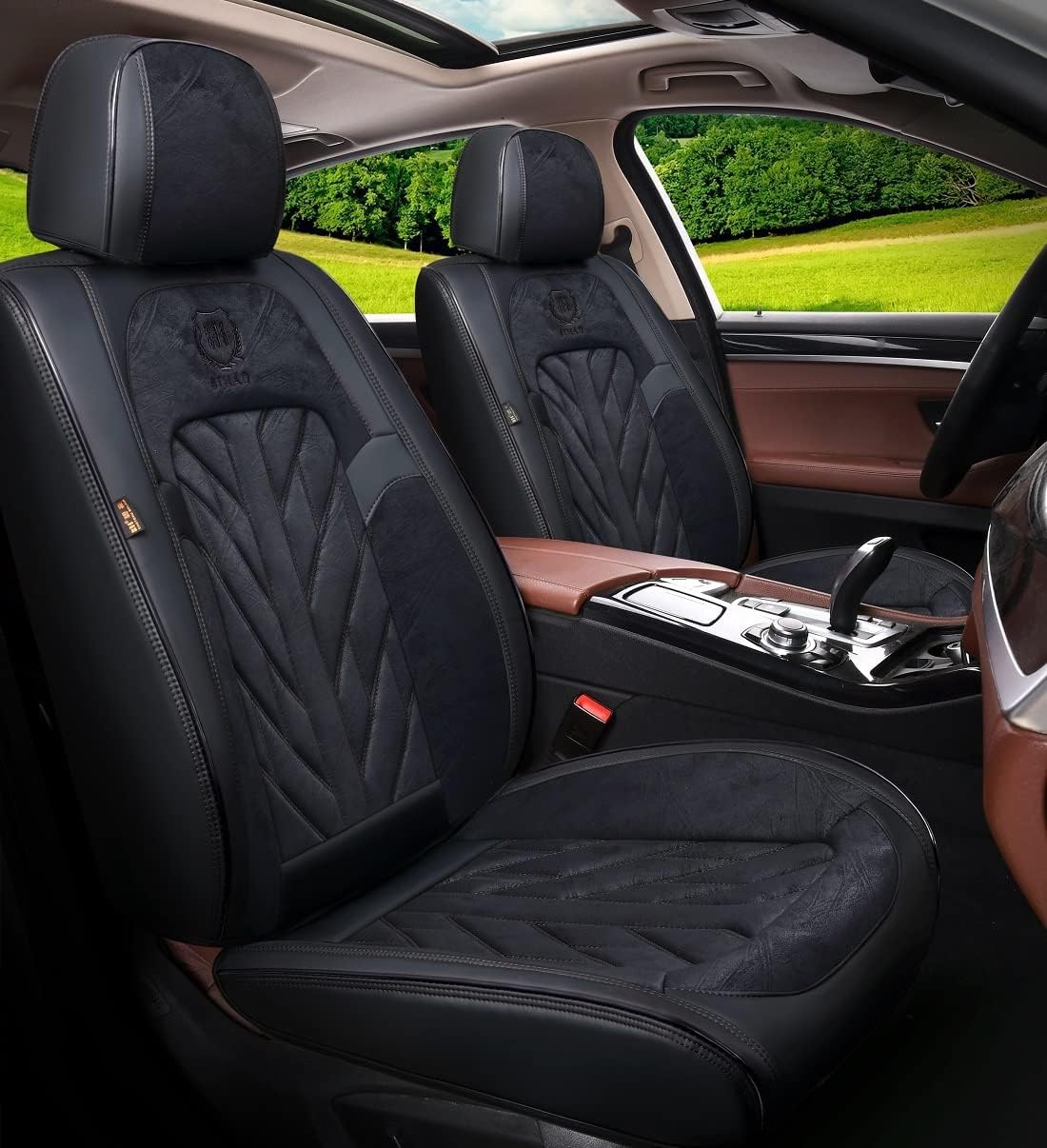 Leather Seat Covers 5-Seater Full Set Black Pink S12307