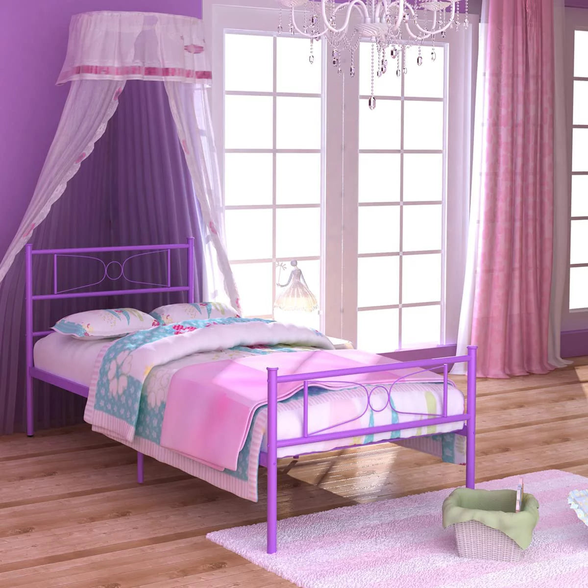 Pink Twin Metal Platform Bed with Headboard and Footboard J6880