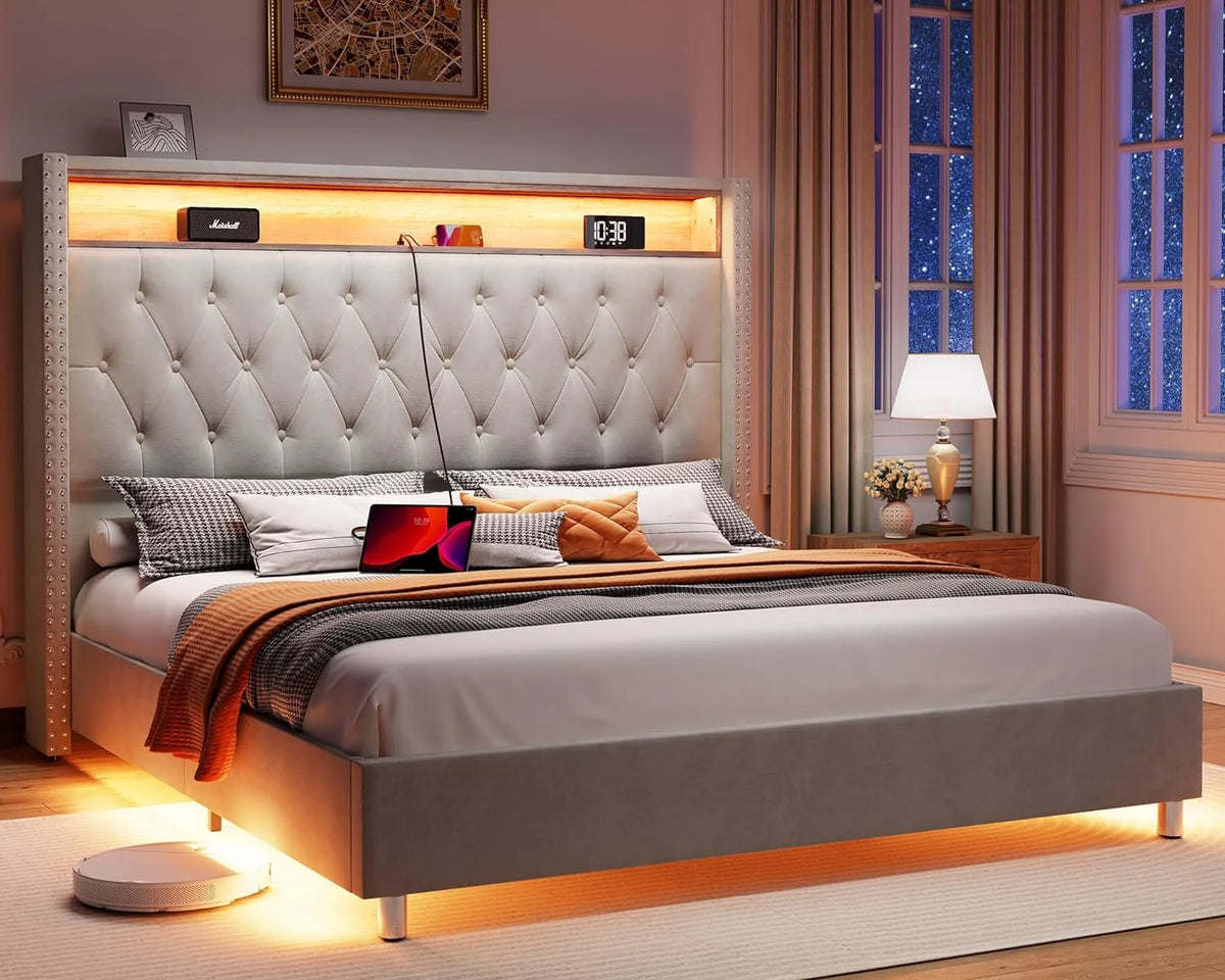 Queen Size Upholstered Bed Frame with Headboard Storage T23238