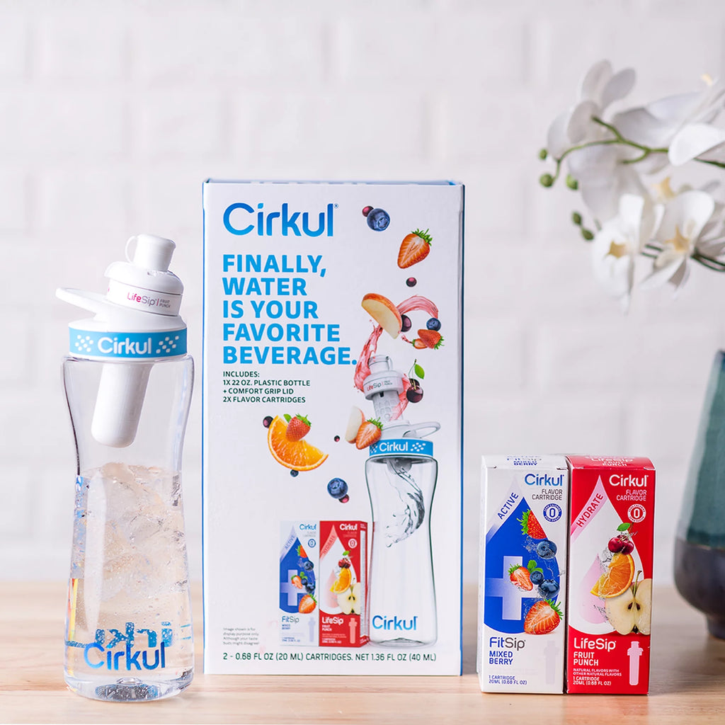 22oz Plastic Water Bottle Starter Kit with Blue Lid and 2 Flavor Cartridges S666742