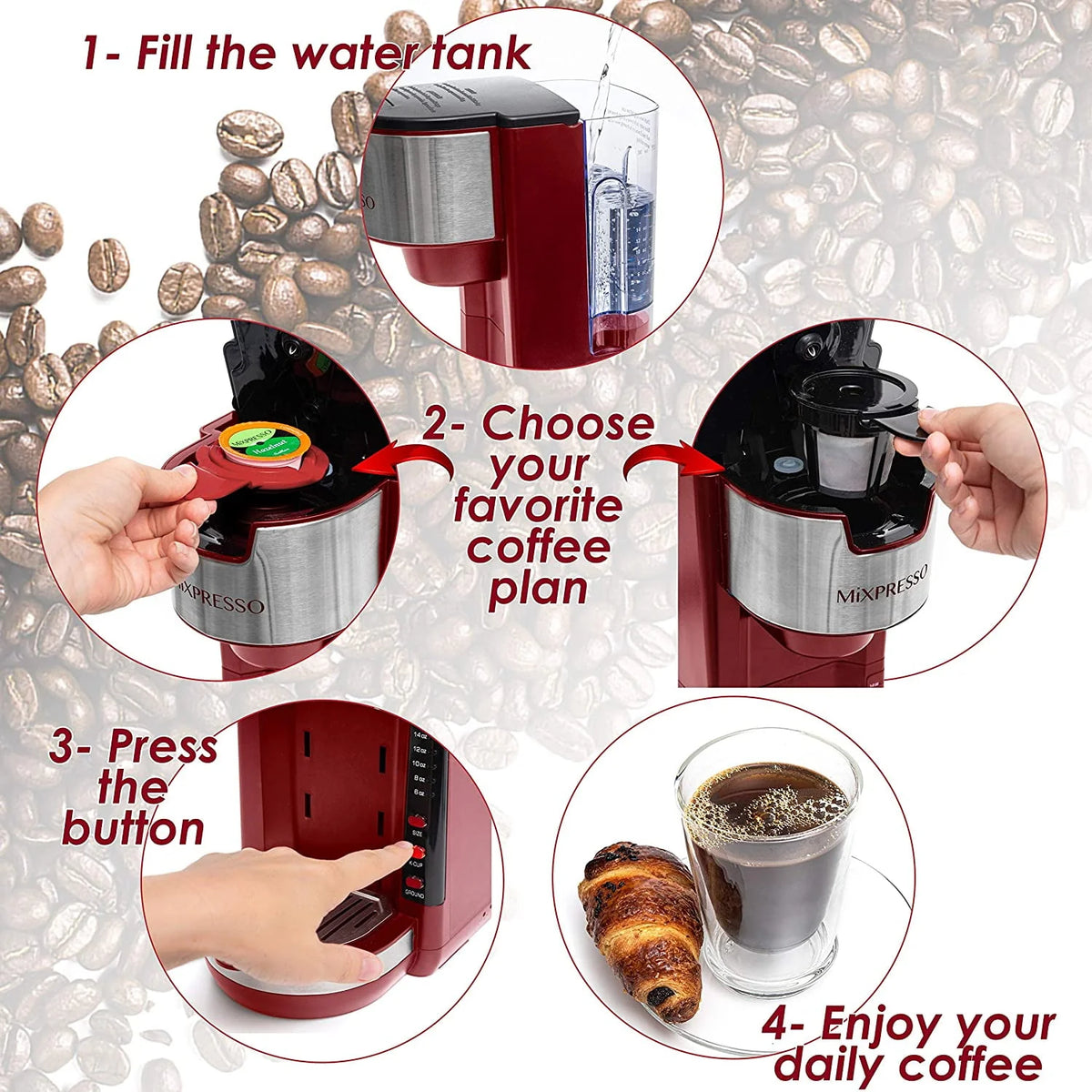 2 in 1 Single Serve Coffee Brewer with 30 oz Reservoir, 5 Brew Size, White R673318
