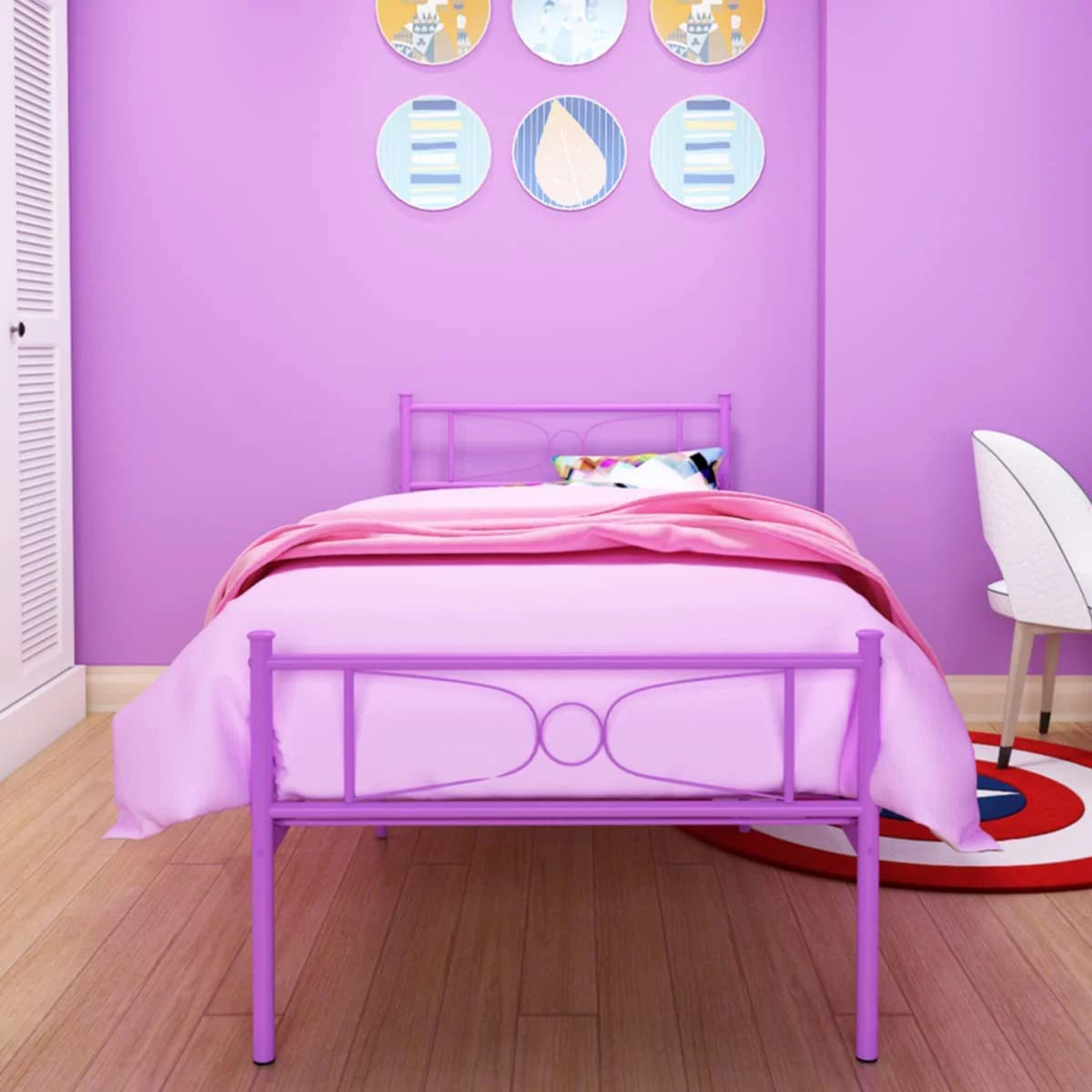 Pink Twin Metal Platform Bed with Headboard and Footboard J6880