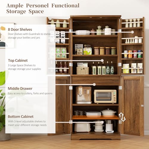 White Freestanding Kitchen Pantry Cabinet with 8 Door Shelves, 2 Cabinets and 1 Drawer O8366