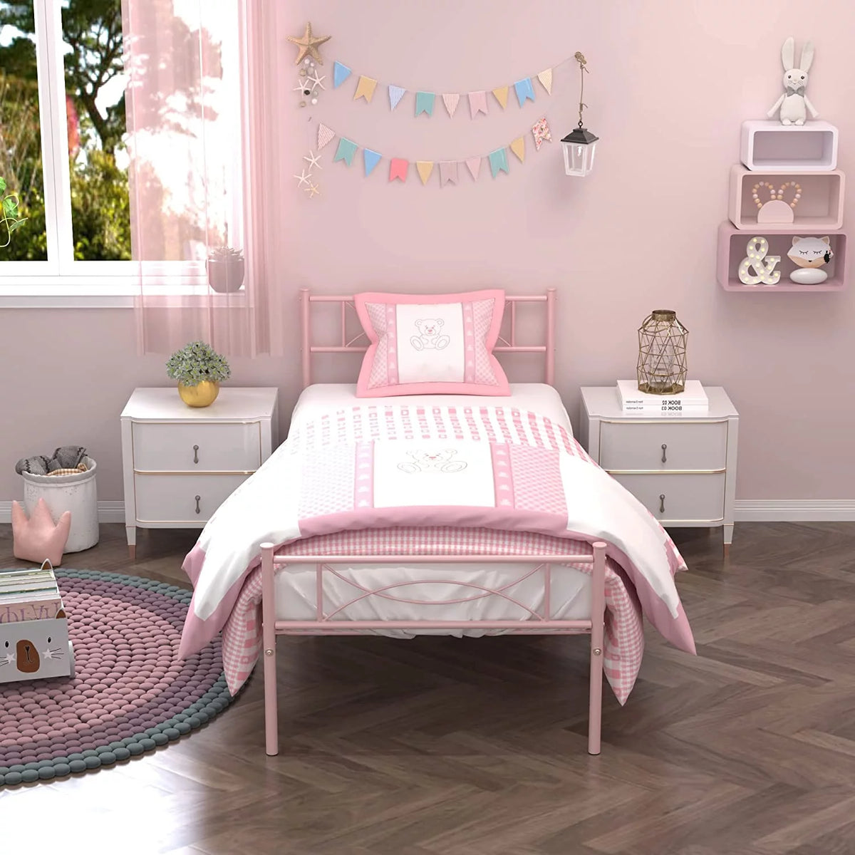 Pink Twin Metal Platform Bed with Headboard and Footboard J6880