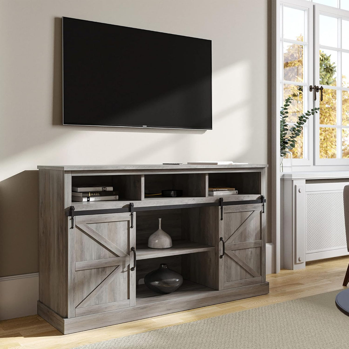 60 Inch Farmhouse TV Stand with Adjustable Shelves and Barn Doors I869