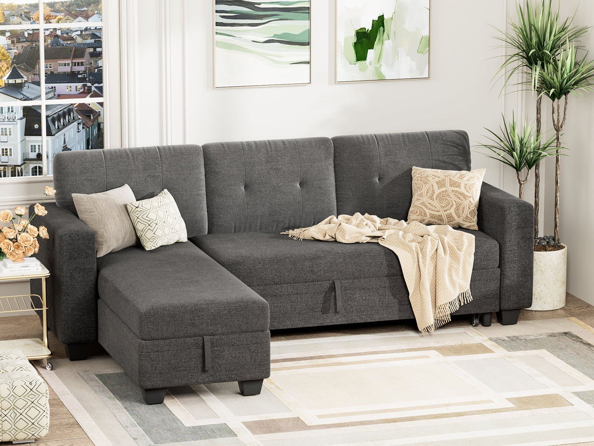 78.3'' W Convertible L-Shape Sofa with Storage Chaise and Pull-out Sofa Bed, Gray W10097