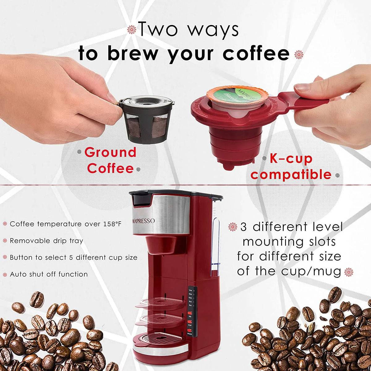 2 in 1 Single Serve Coffee Brewer with 30 oz Reservoir, 5 Brew Size, White R673318