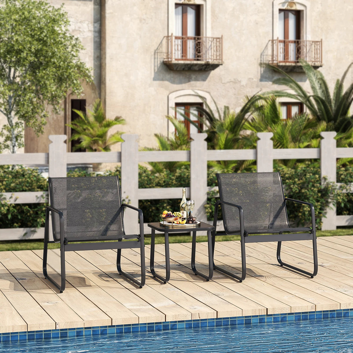 Patio Chairs Set with Glass Coffee Table and Gray Cushion W83285
