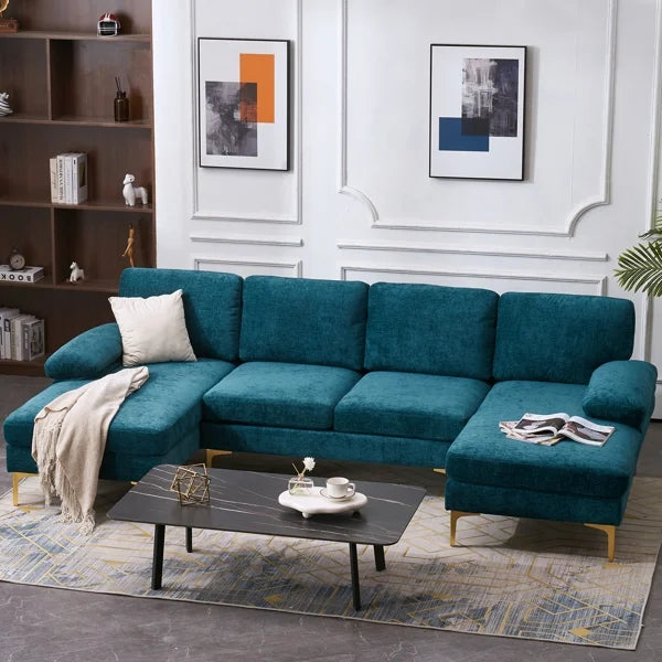 Convertible Sectional Sofa Couch U-Shaped Sleeper Sofa 4-Seat Dark Blue A839129