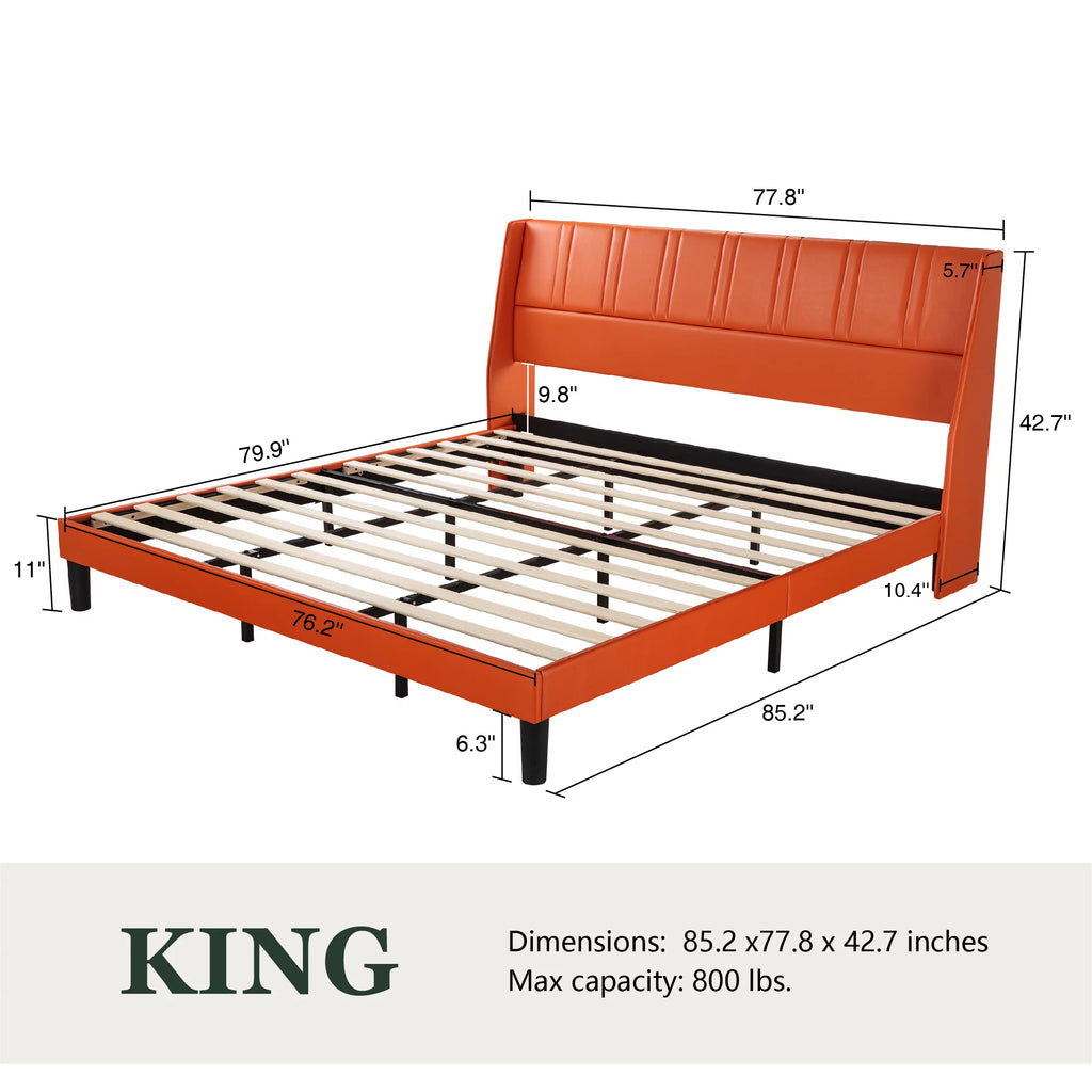 King Size Faux Leather Platform Bed Frame with Wingback Headboard H509