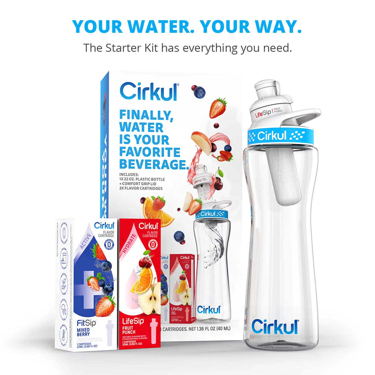 22oz Plastic Water Bottle Starter Kit with Blue Lid and 2 Flavor Cartridges S666742