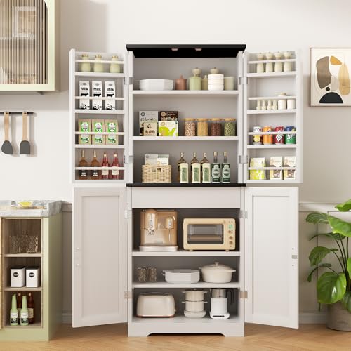 White Freestanding Kitchen Pantry Cabinet with 8 Door Shelves, 2 Cabinets and 1 Drawer O8366
