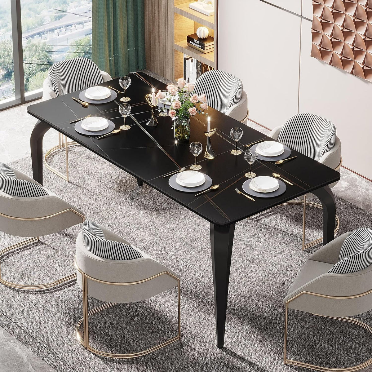 Black Sintered Stone Dining Table with Metal Legs G37510