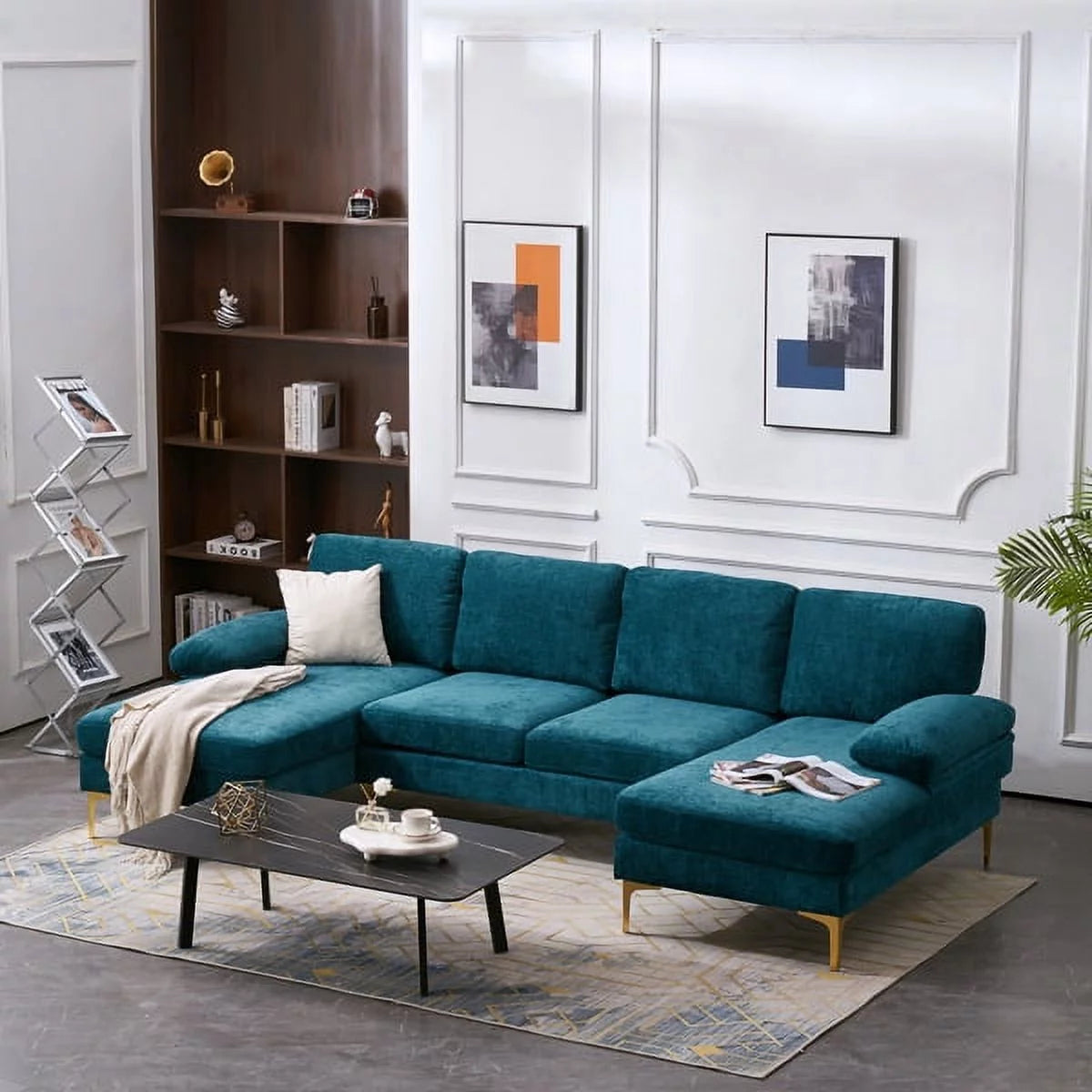 Convertible Sectional Sofa Couch U-Shaped Sleeper Sofa 4-Seat Dark Blue A839129