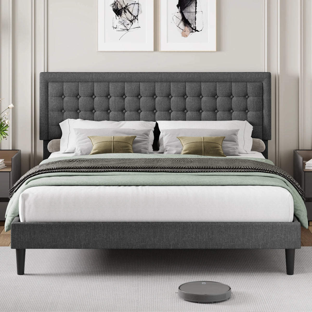 King Size Linen Fabric Bed Frame with Tufted Headboard Q68165