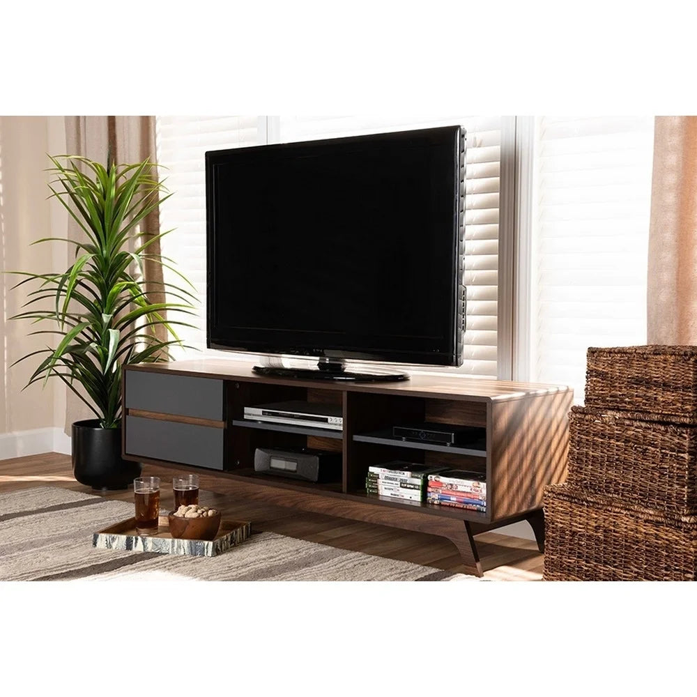 Grey and Walnut 2-Drawer Wood TV Stand T6951