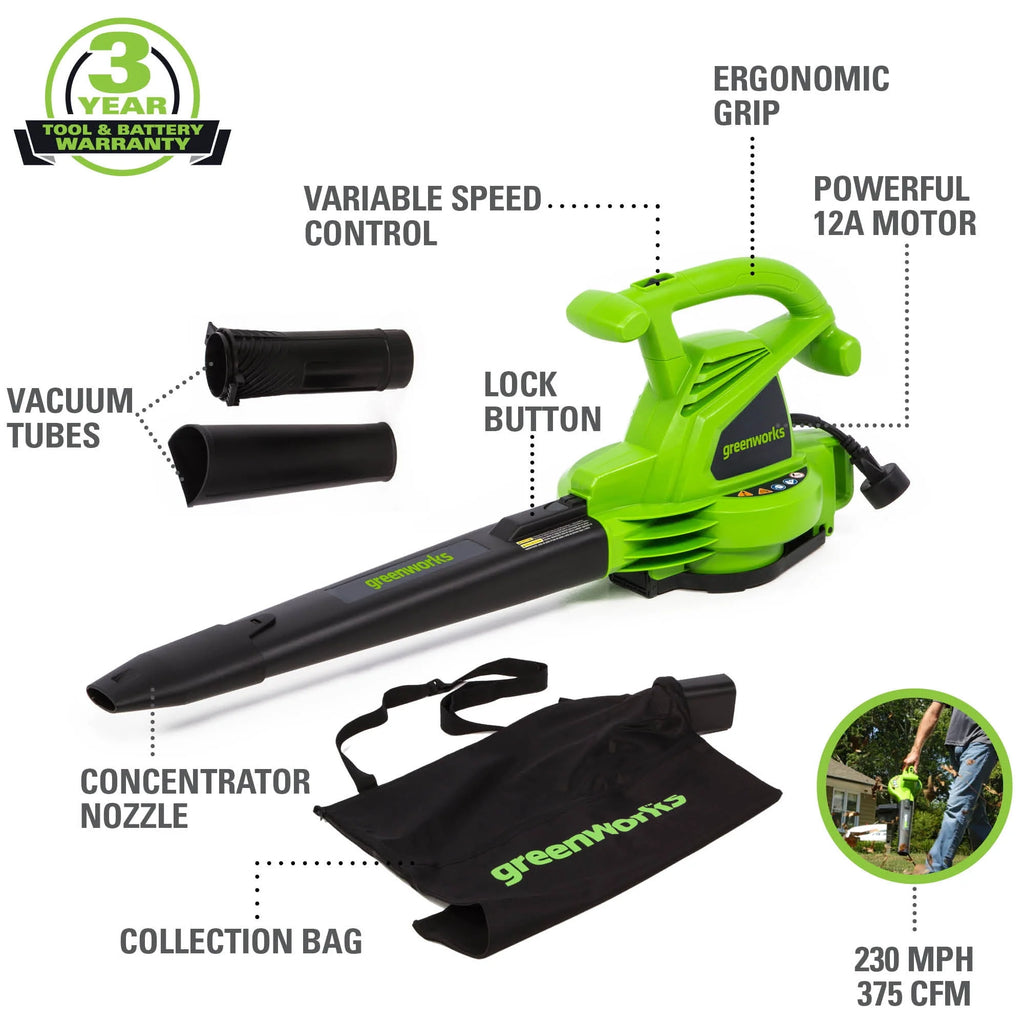 12 Amp 375 CFM Corded Electric Leaf Blower/Mulcher/Vacuum W7405