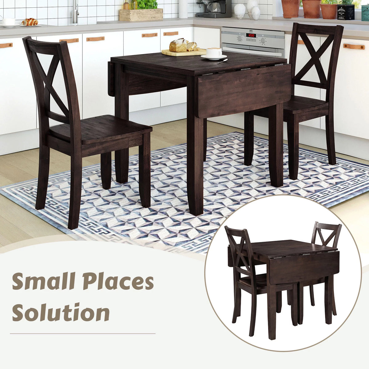 3-Piece Wood Drop Leaf Dining Table Set with 2 Chairs U846164