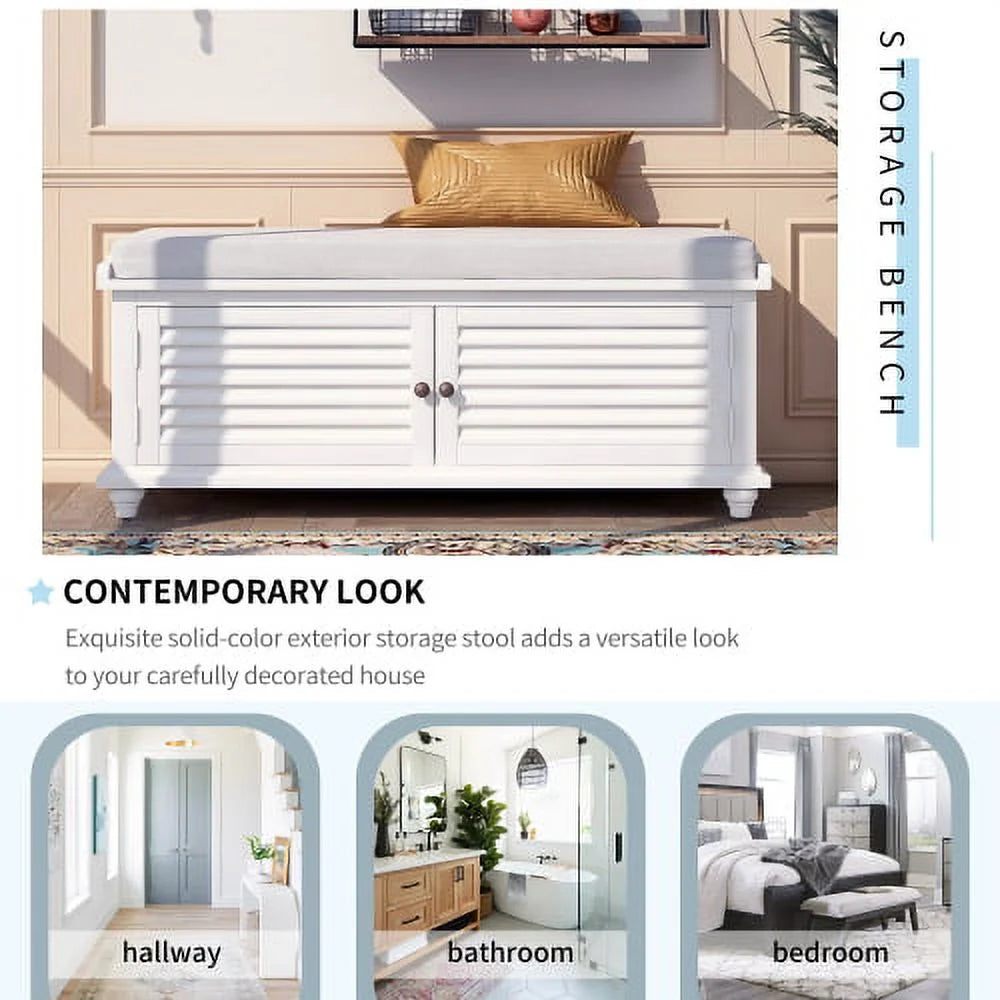 White Wooden Storage Bench with Removable Cushion I478