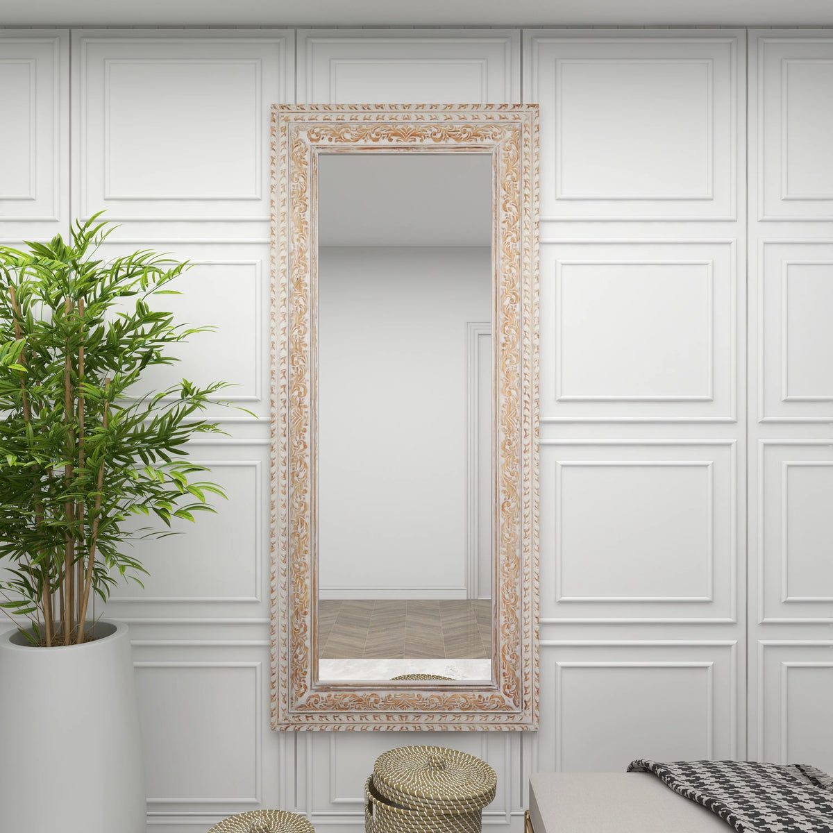 White Carved Floral Wall Mirror C25152