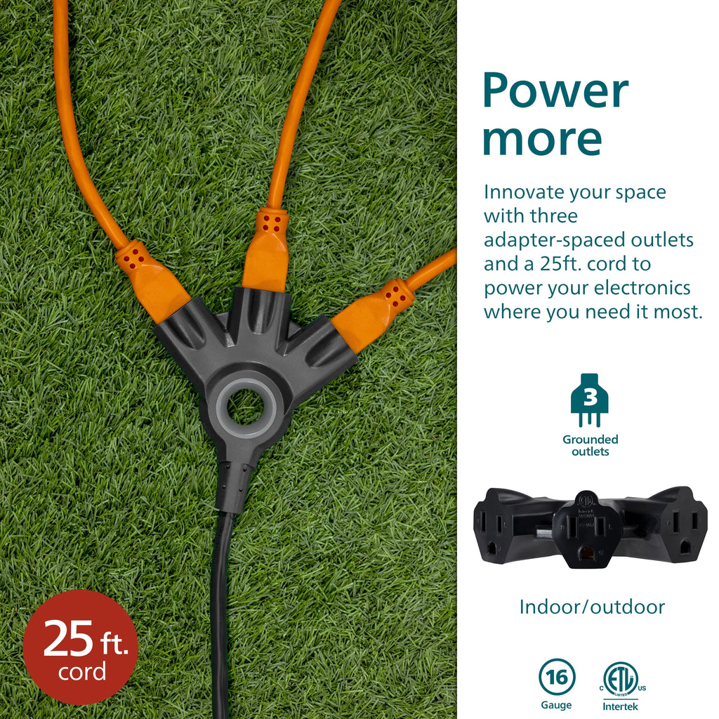 Black 25FT 16 AWG 3-Outlet Extension Cord S741932