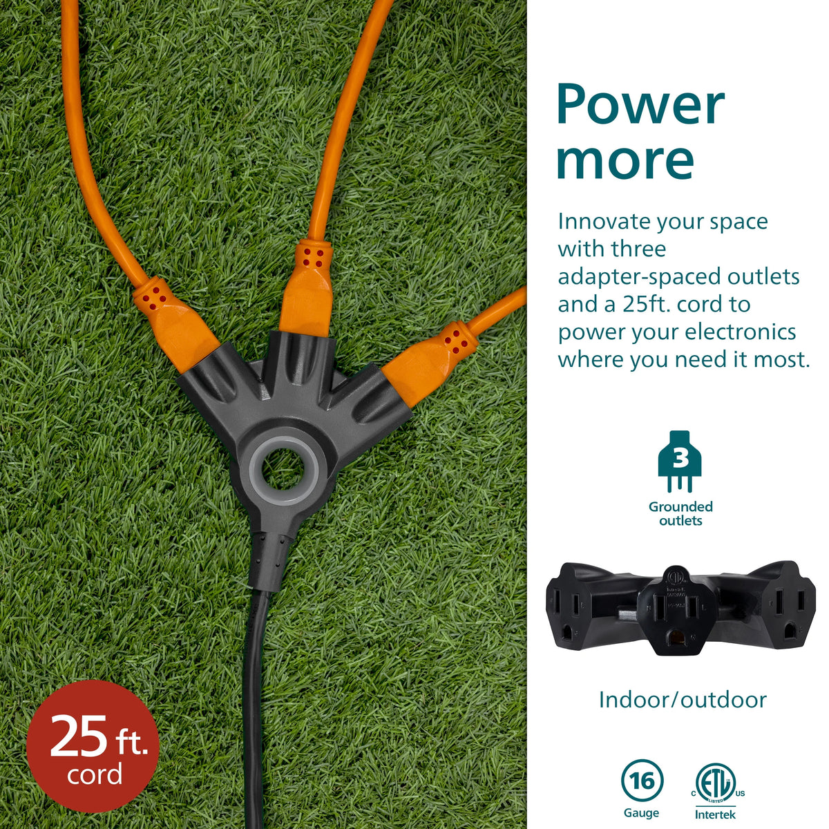 Black 25FT 16 AWG 3-Outlet Extension Cord S741932