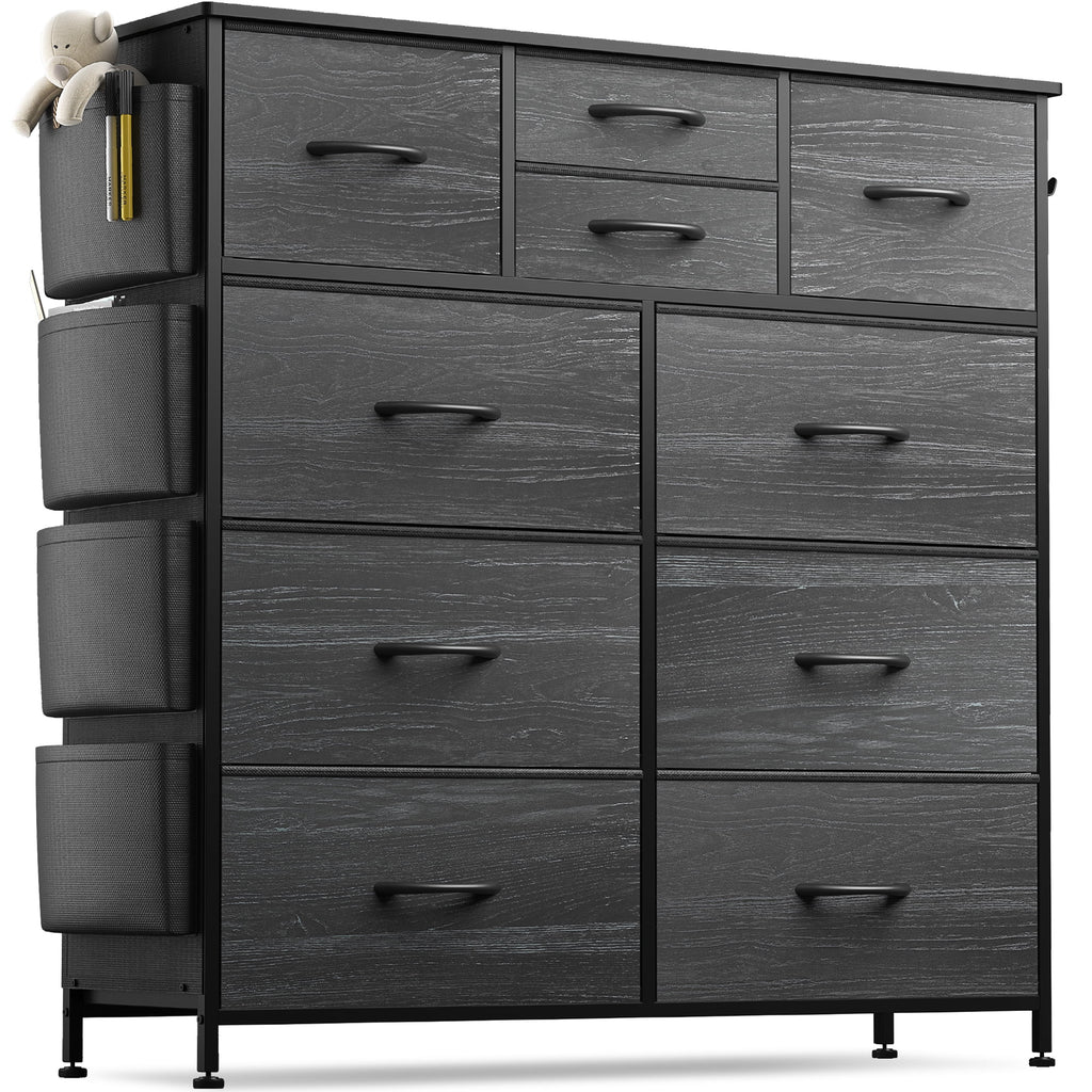 Black 10 Drawer Fabric Dresser with Wood Top N408