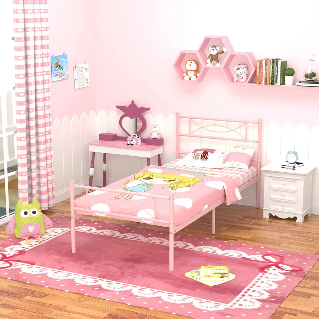 Pink Twin Metal Platform Bed with Headboard and Footboard J6880