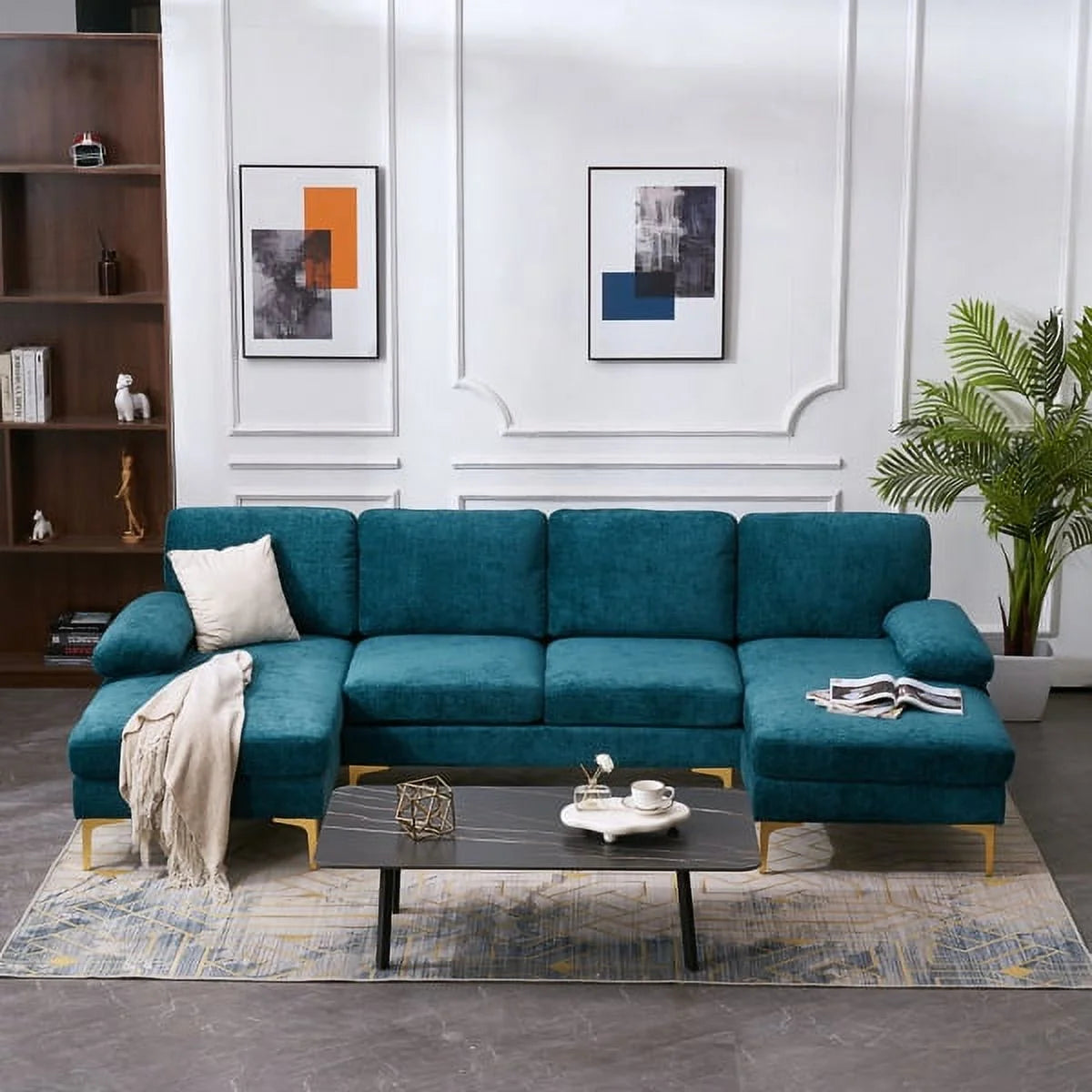 Convertible Sectional Sofa Couch U-Shaped Sleeper Sofa 4-Seat Dark Blue A839129