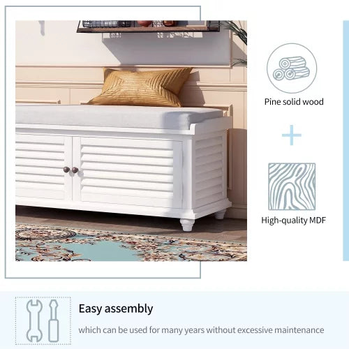 White Wooden Storage Bench with Removable Cushion I478