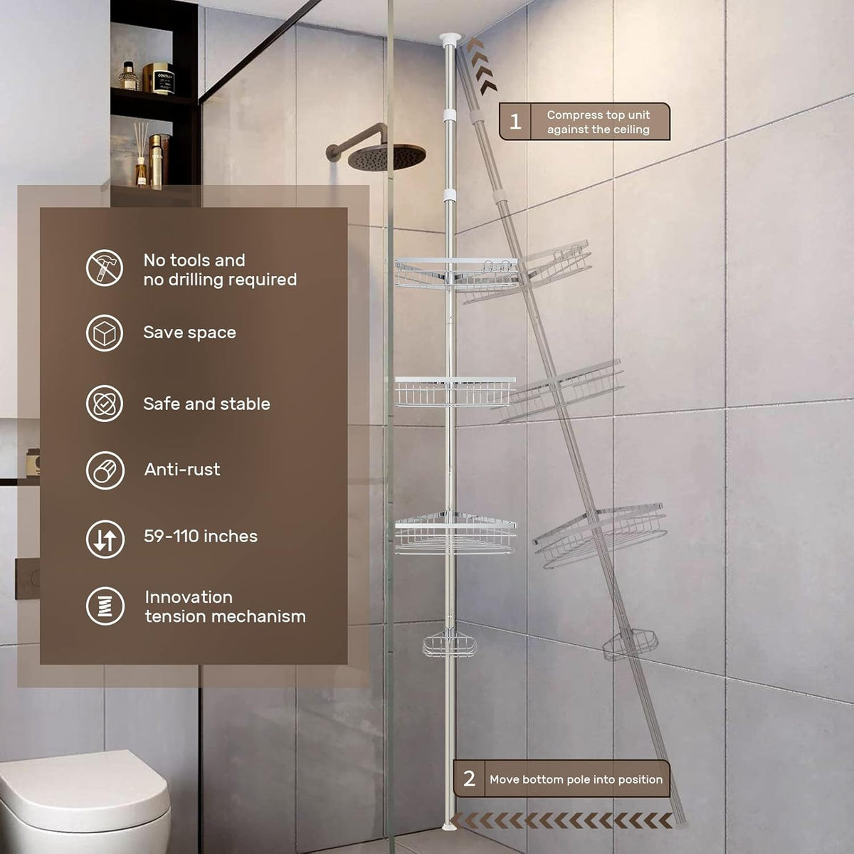 4 Tier Adjustable Stainless Steel Shower Tension Pole Caddy T10524