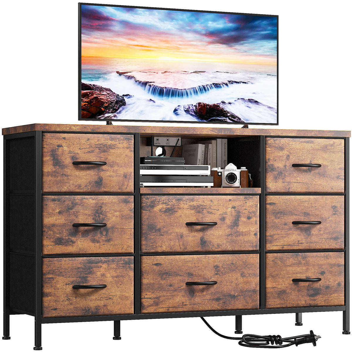 8 Drawer Fabric Dresser TV Stand with Outlet E956137