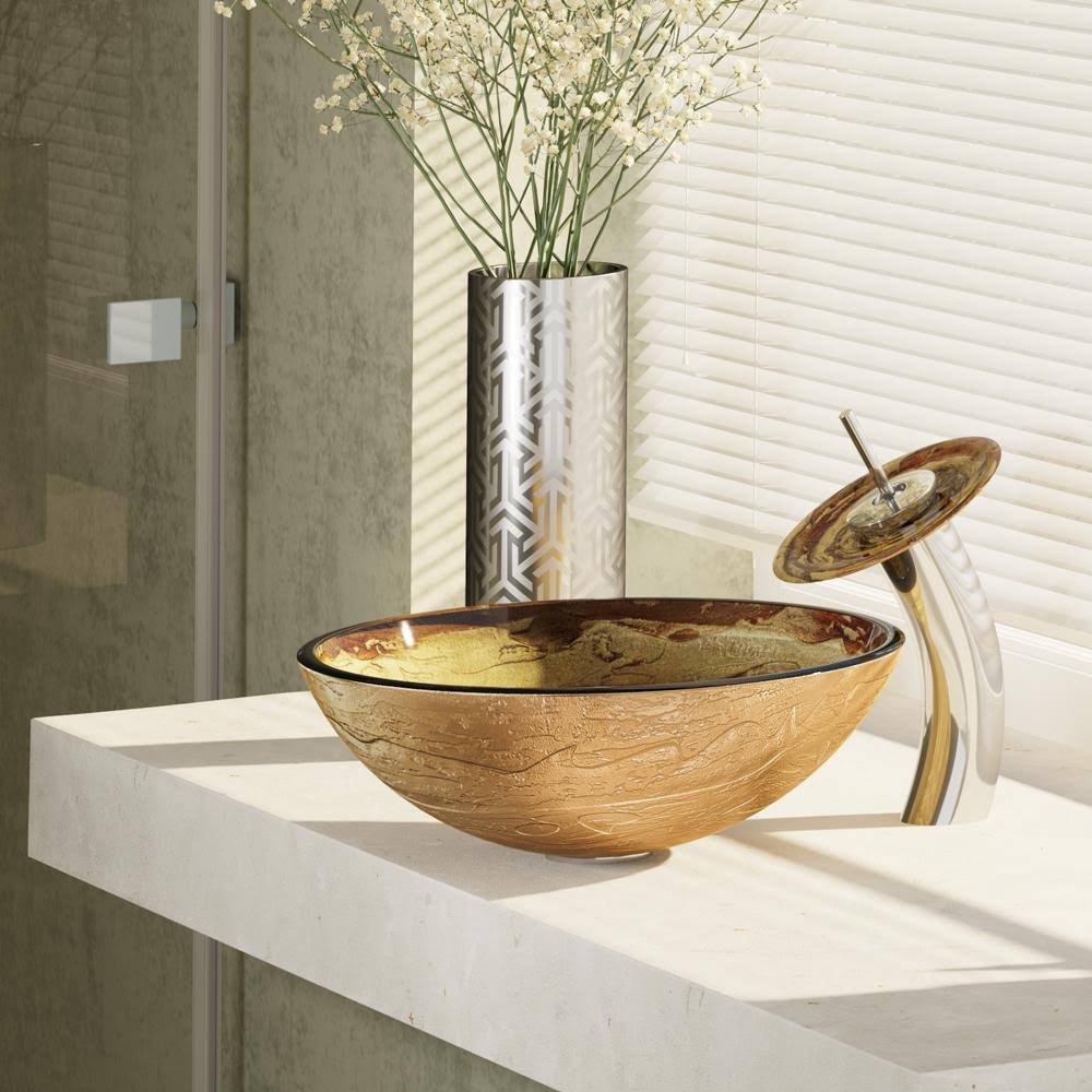 Glass Vessel Sink with Chrome Waterfall Faucet J448401