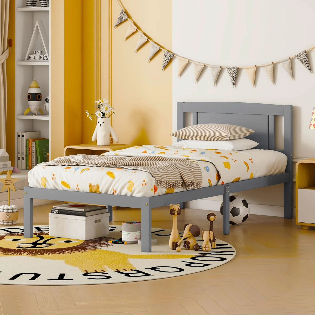 Twin Size Wood Platform Bed with Headboard I922