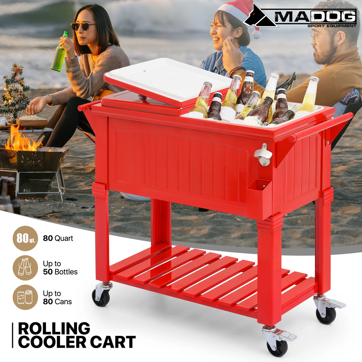 Portable Rolling Cooler Ice Chest with Wheels and Ice Scoop, Red C42688