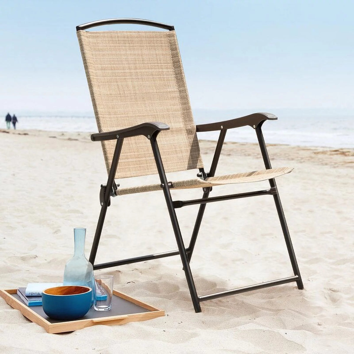 Beige 2 Pieces Patio Folding Chairs Textilene Chair Set I24157