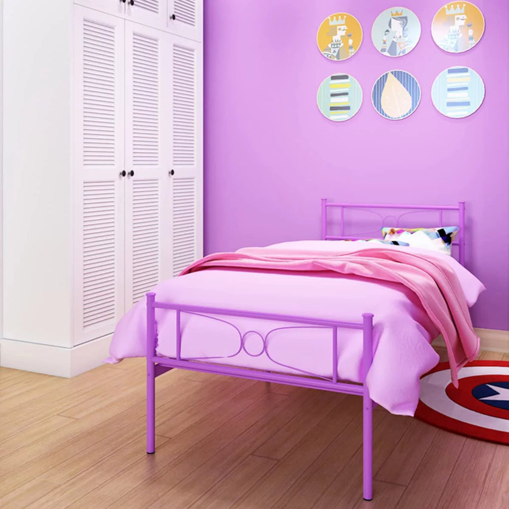 Pink Twin Metal Platform Bed with Headboard and Footboard J6880