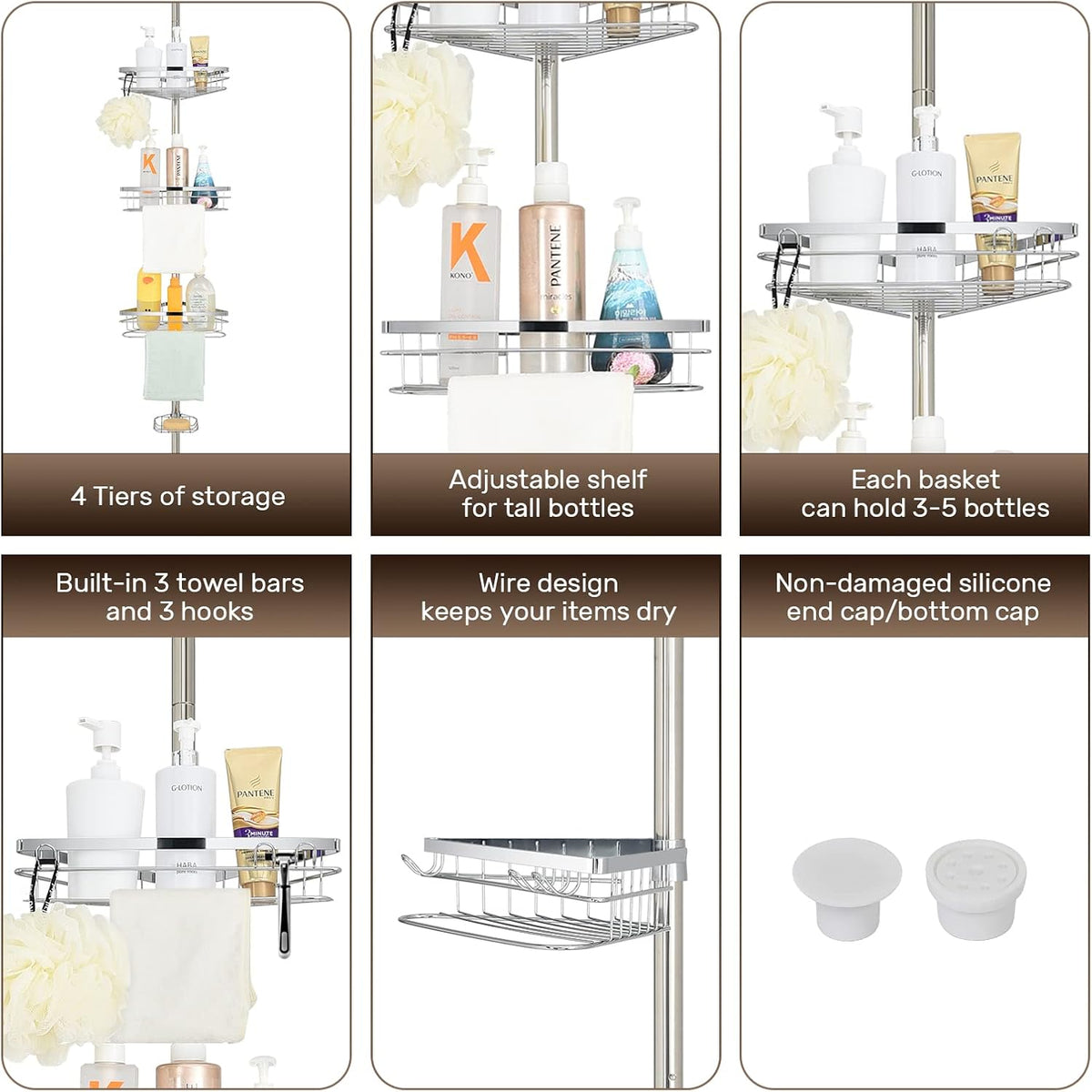4 Tier Adjustable Stainless Steel Shower Tension Pole Caddy T10524
