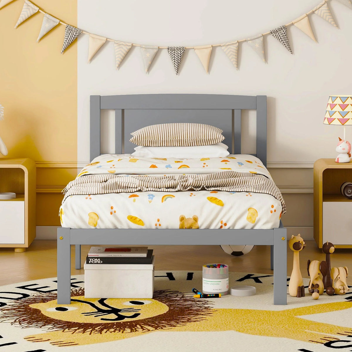 Twin Size Wood Platform Bed with Headboard I922