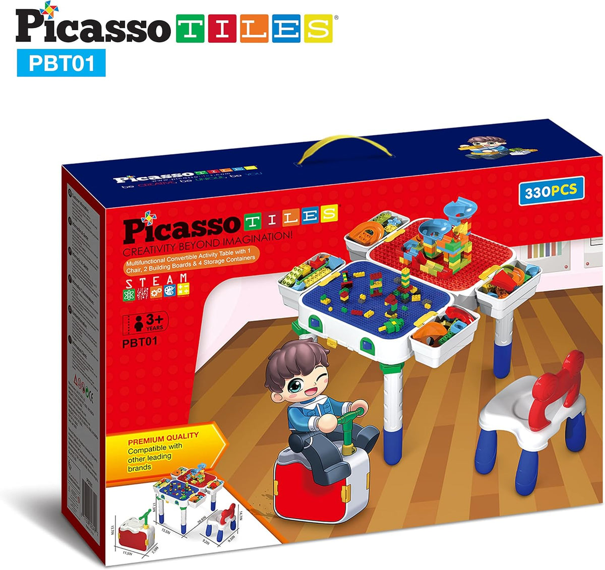 Kids Play Table & Chair Set with Storage, 331pcs Building Blocks and Marble Run A29474