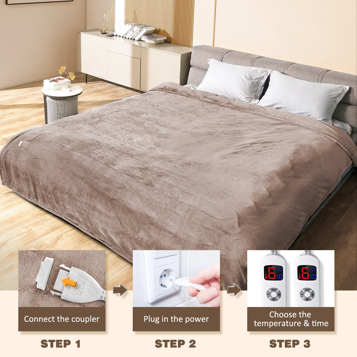 King Size Camel Flannel Heated Blanket Y348