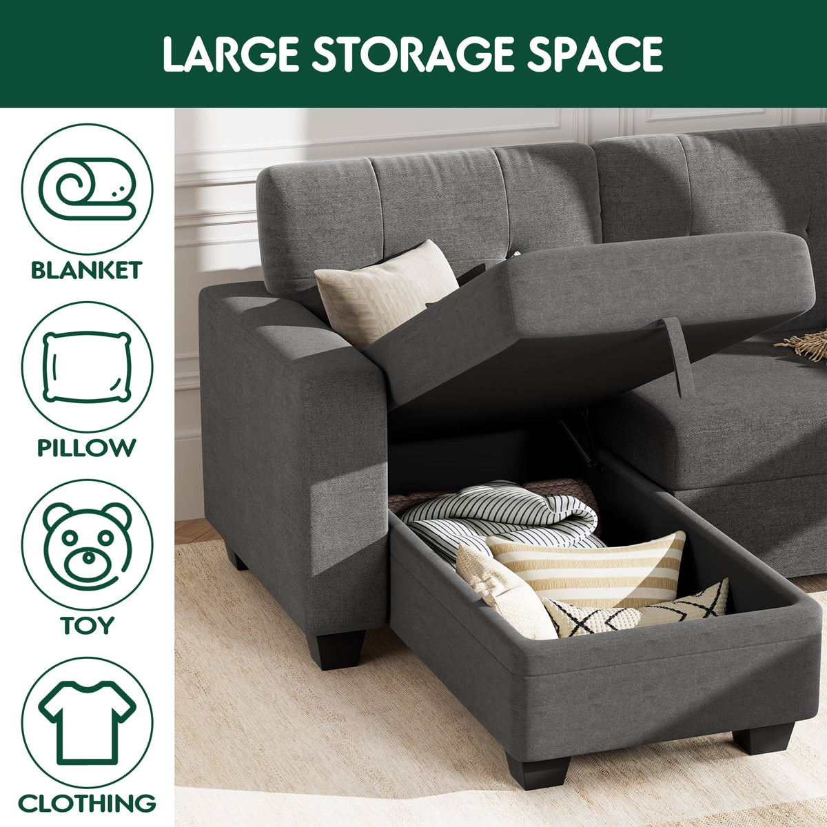 78.3'' W Convertible L-Shape Sofa with Storage Chaise and Pull-out Sofa Bed, Gray W10097