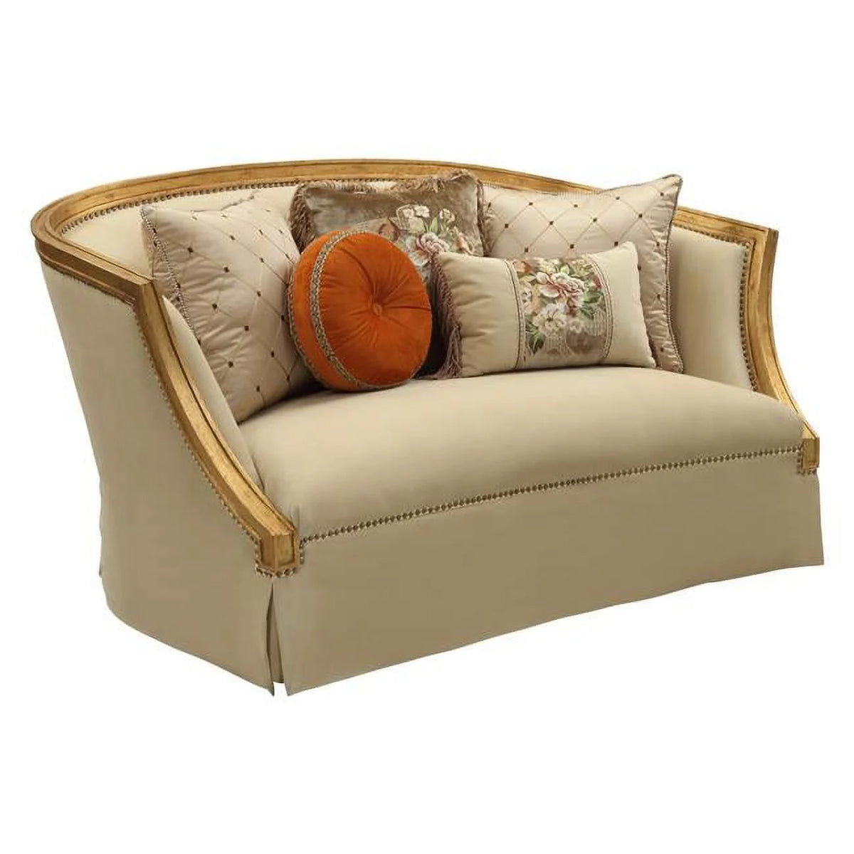 Antique Gold Fabric Upholstery Loveseat with 5 Pillows D3713