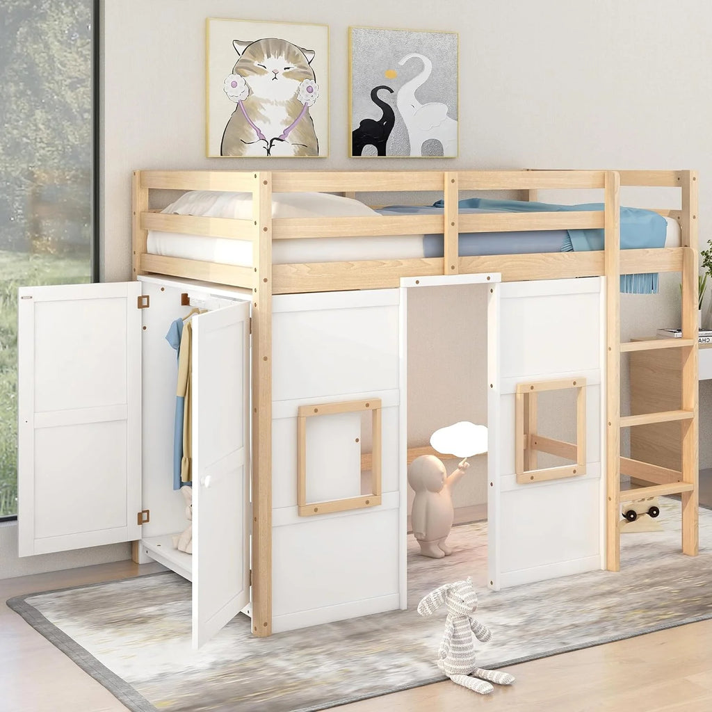 White Wood Loft Bed with Wardrobe and Storage W28177