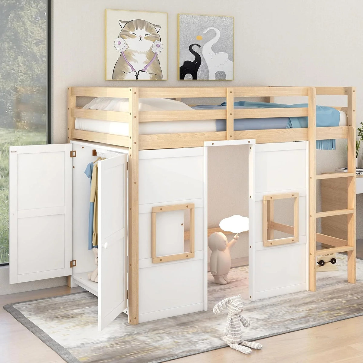 White Wood Loft Bed with Wardrobe and Storage W28177