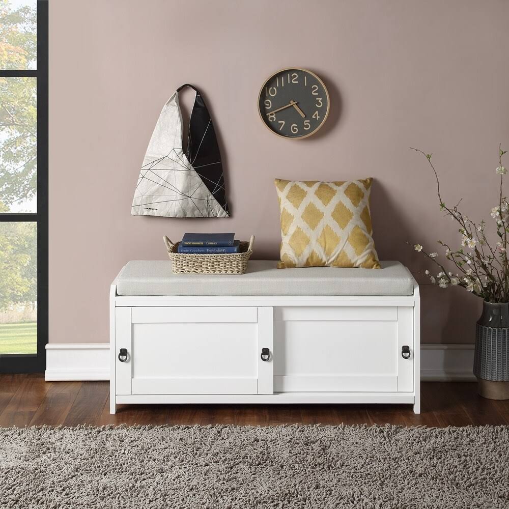 White Wood Storage Bench with Cabinets L52063