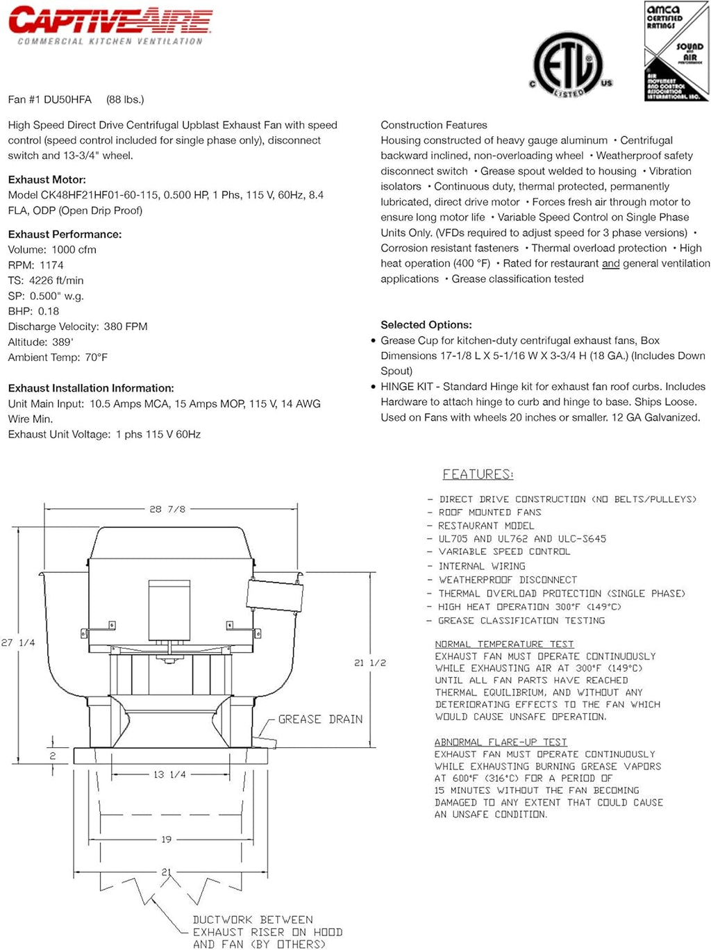 High Speed Direct Drive Centrifugal Upblast Exhaust Fan with Speed Control S7005