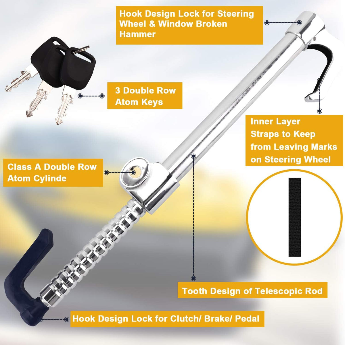 Universal Steering Wheel Brake Lock Retractable Double Hook Car Clutch Pedal Lock with 3 Keys X244784