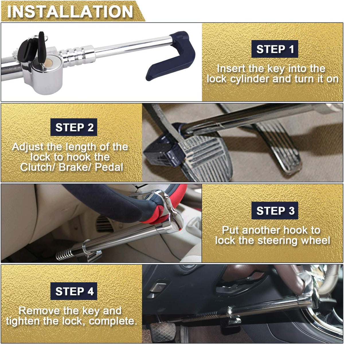 Universal Steering Wheel Brake Lock Retractable Double Hook Car Clutch Pedal Lock with 3 Keys X244784